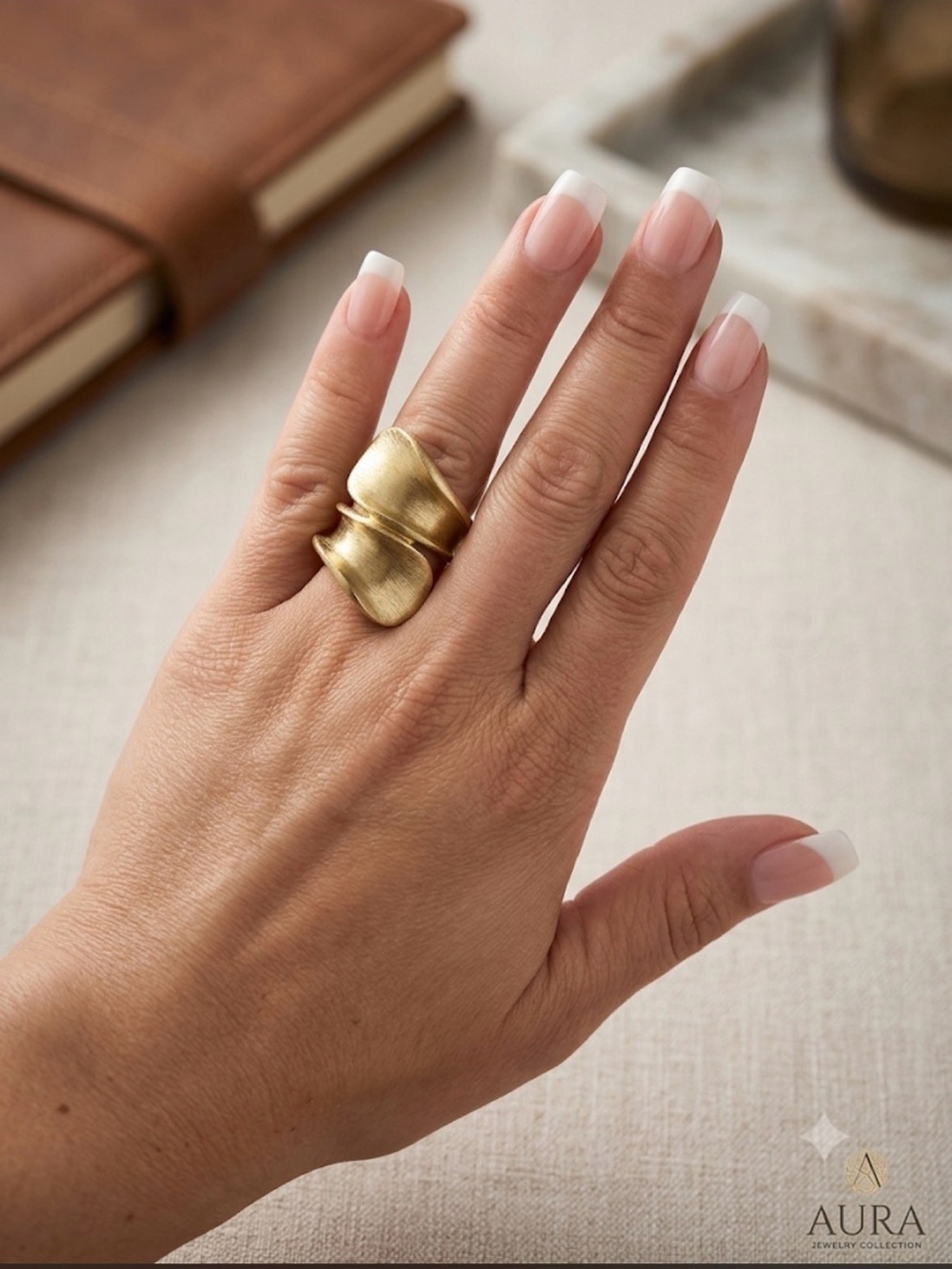 Gold Sculptural Statement Ring | Brushed Finish | Size 7